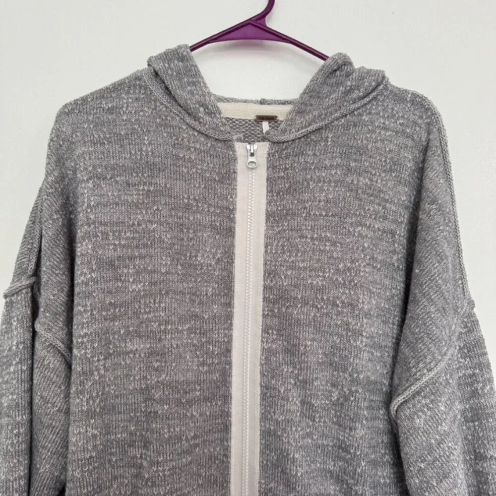 Free People Sz M In Bloom Knit Hoodie Sweater Gray White Oversized Full Zip Boho